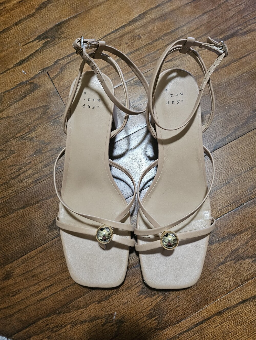 a new day Beige Strappy Ankle-Wrap Heels with Gold Accent